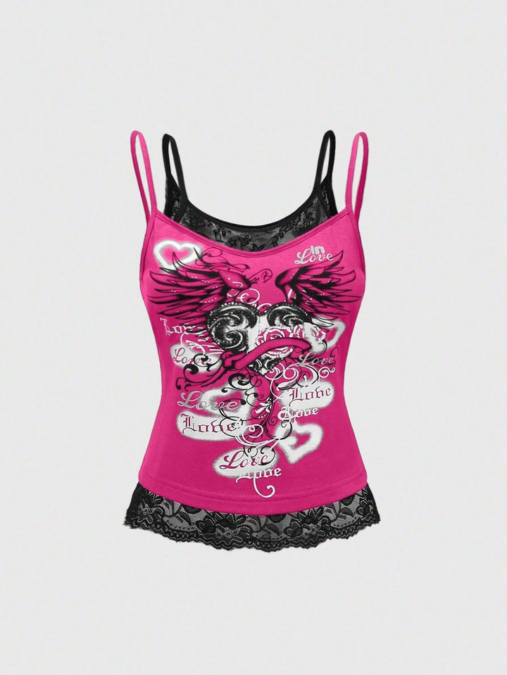 Dame Spids Cami Top med Grafisk Print Skovae