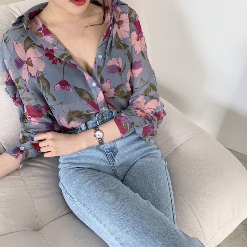 Dame Chiffon Floral Print Button-Up Bluse Stilla