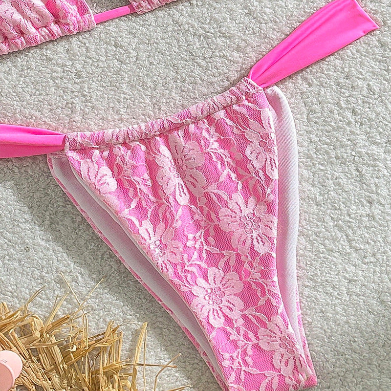Dame triangel-bikini med blomster spandex-mønster og justerbare stropper Skovae