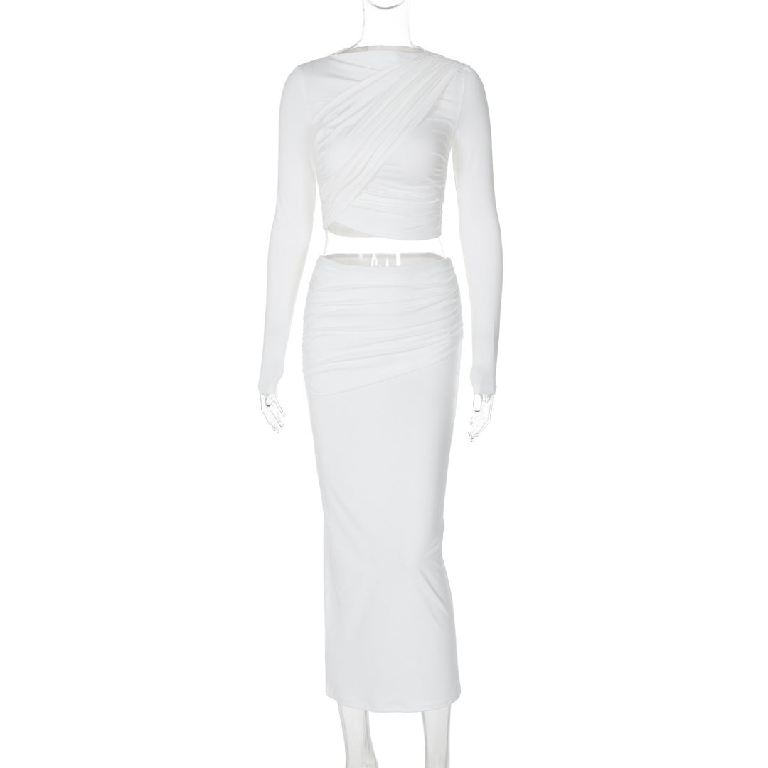 Dame Elegant og tætsiddende crop-top med lang nederdel og raffinerede rynkeelementer Stilla