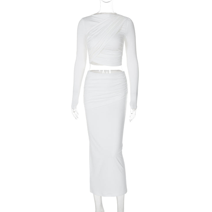 Dame Elegant og tætsiddende crop-top med lang nederdel og raffinerede rynkeelementer Stilla