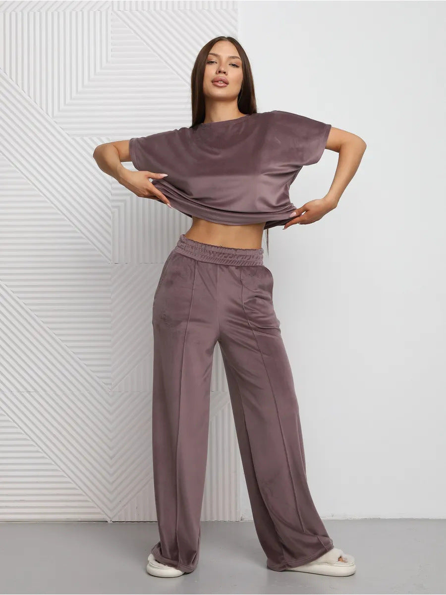 Kvindernes satin loungewear sæt med casual fit og bred-benede bukser
