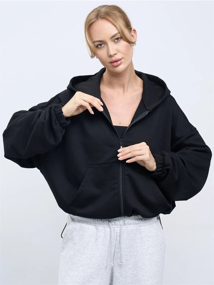 Kvinder Cropped Hoodie Jakke med Lynlås og Oversized Ærmer Skovae