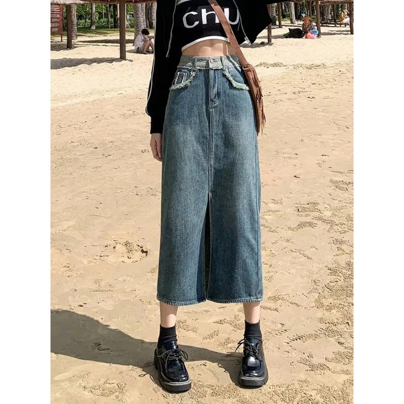 Kvinder Lang Denim Nederdel med Høj Split Stilla