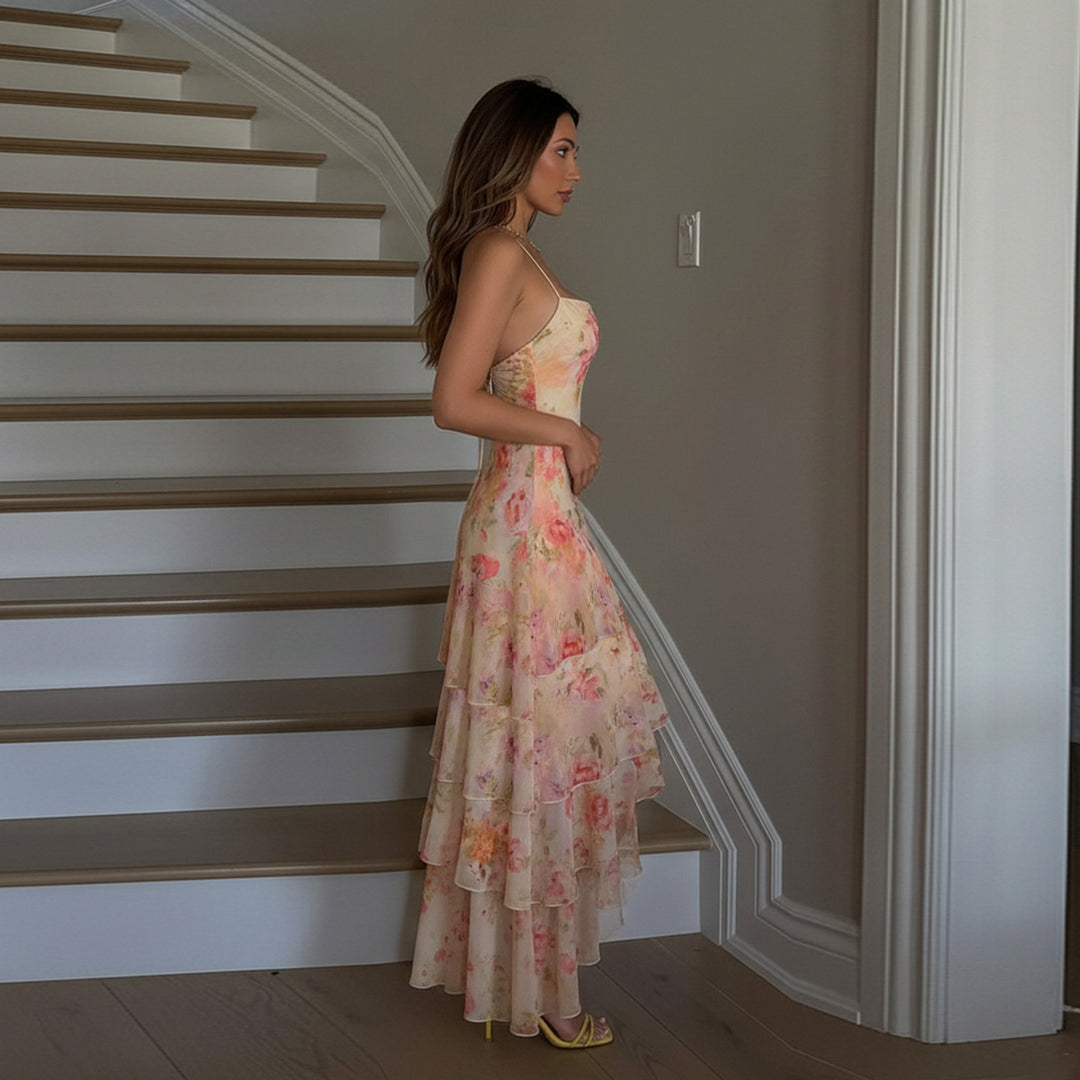 Dame maxikjole med floral flæsemønster og stropløs design Skovae
