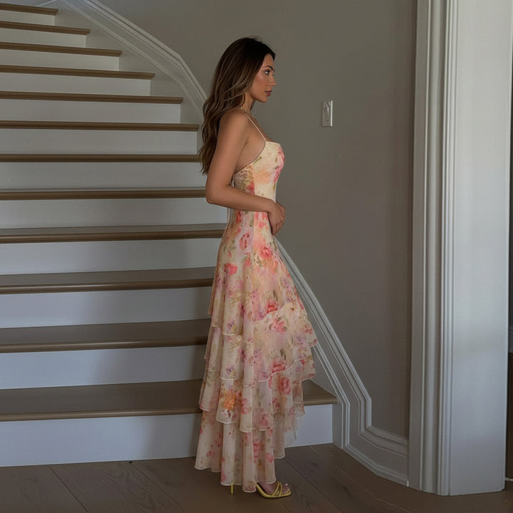 Dame maxikjole med floral flæsemønster og stropløs design Skovae