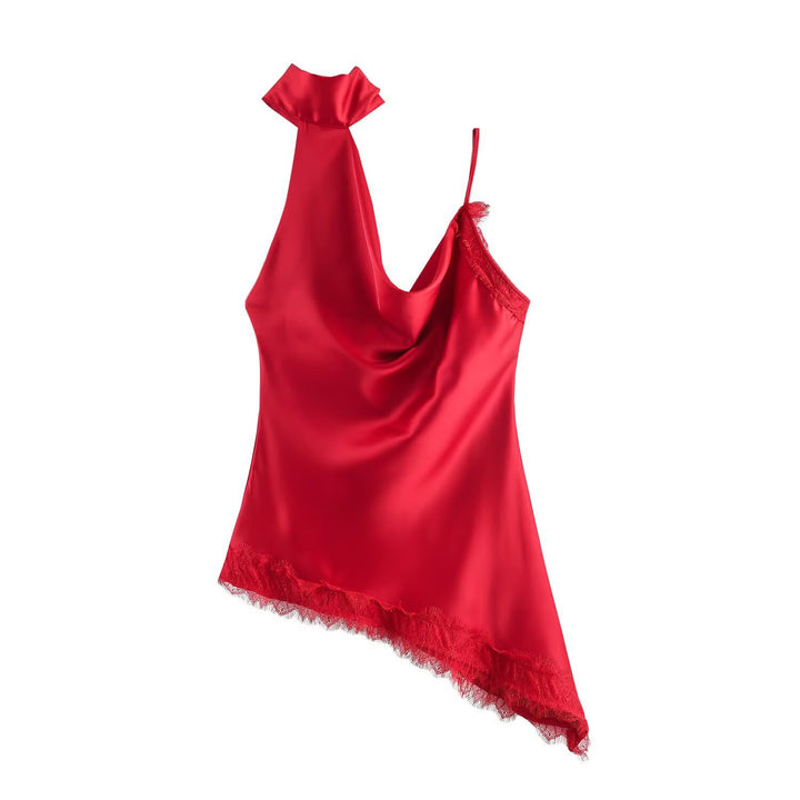 Dame elegant satin-top med asymmetrisk søm og blonde detaljer Skovae