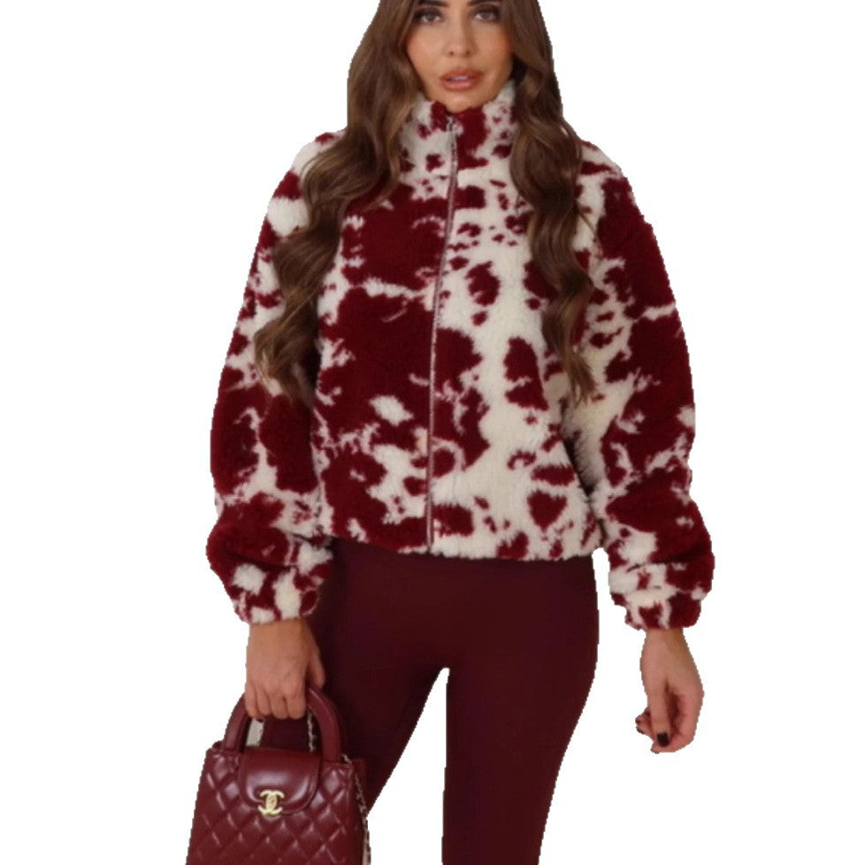 Dame Cozy Fleece Jakke med Høj Krave og Trendy Dalmatiner Print Stilla