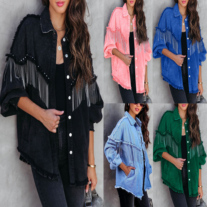 Dame Oversized Denim-Jakke med dekorative frynser og stilfulde perler Stilla
