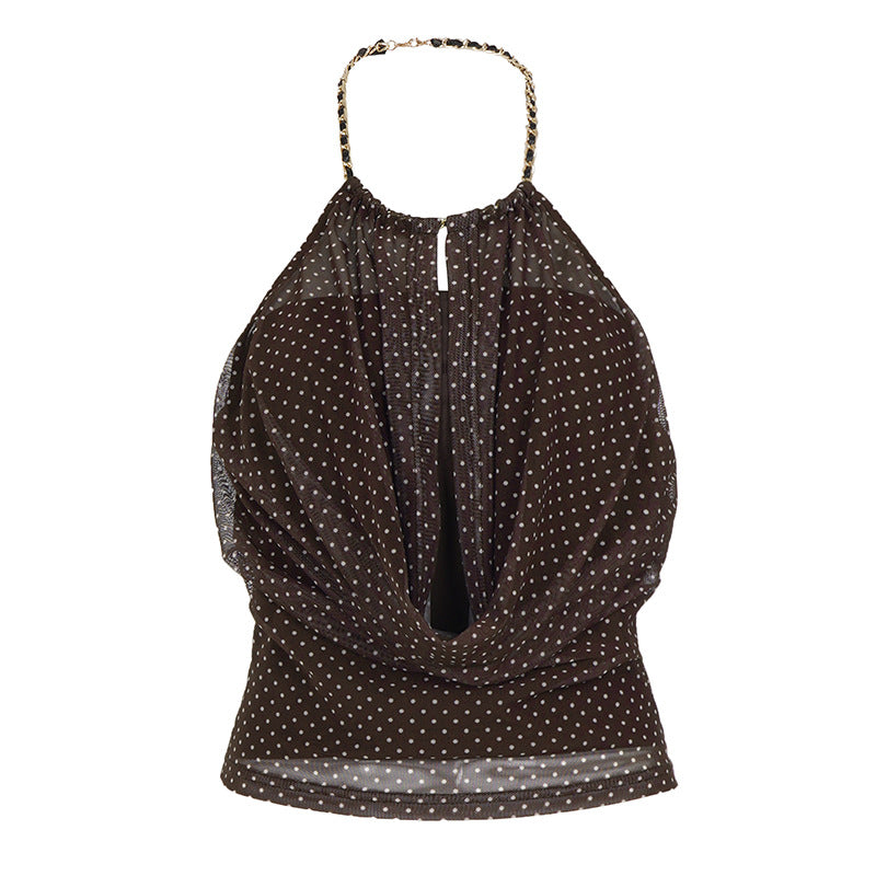Dame halterneck top med draperet design og fint prikkemønster Skovae