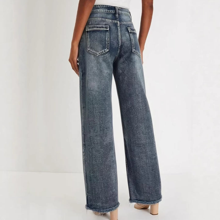 Dame brede denim jeans med kreativt mønster og frynset søm Skovae