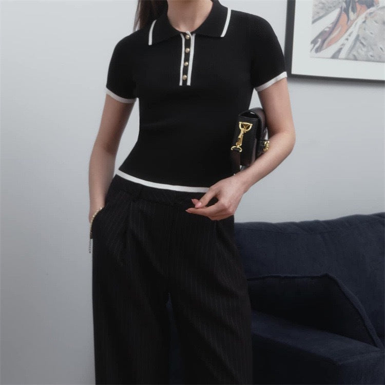 Dame polo shirt med knapliste og struktureret rib-mønster Stilla