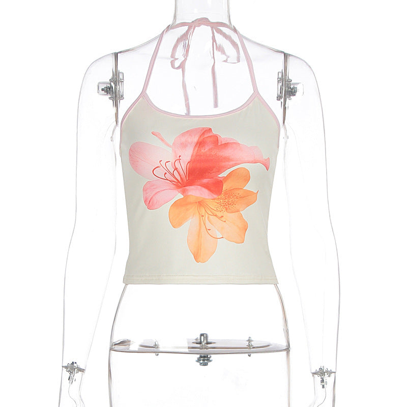 Dame Crop-Top med floralt print og halterneck Skovae