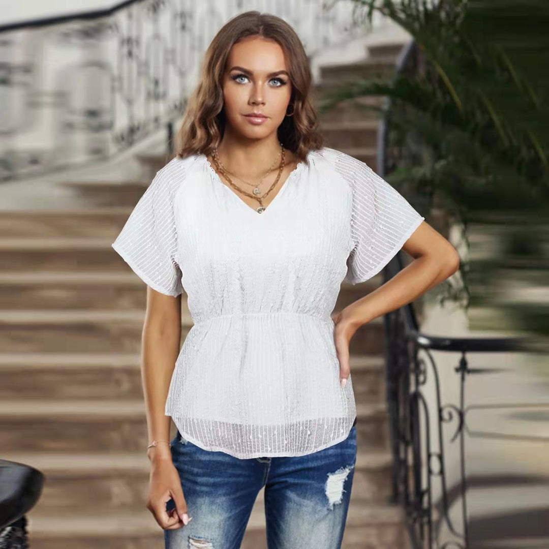 Damebluse med ruffles detaljer og elastisk linning Stilla