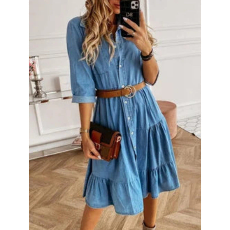 Kvinde Denim Skuet Skjortekjole Stilla