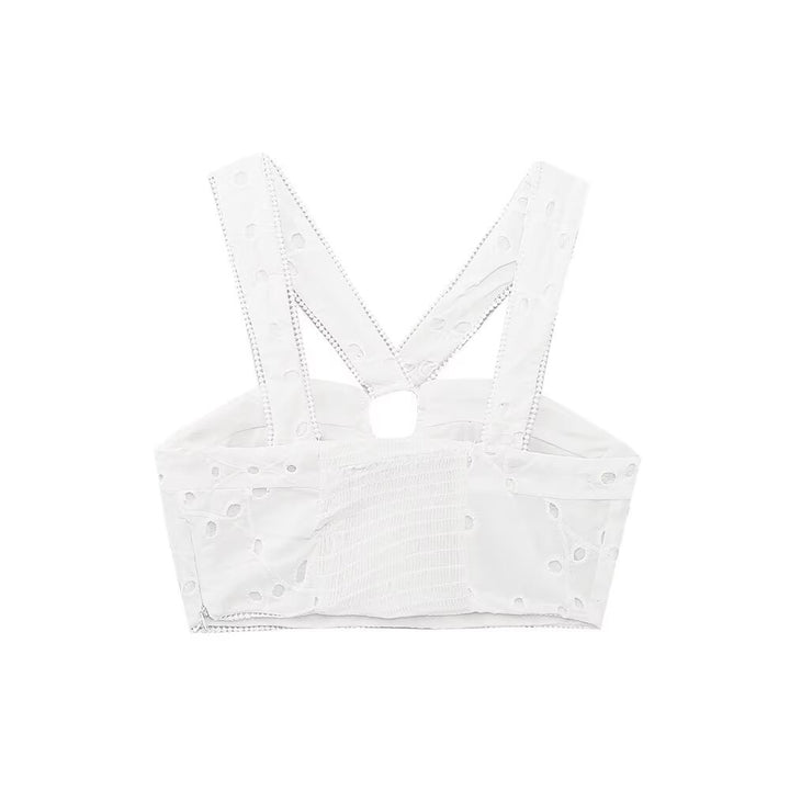 Dame Brokat-Crop-Top med elegant udfletning og dekorerede stropper Skovae