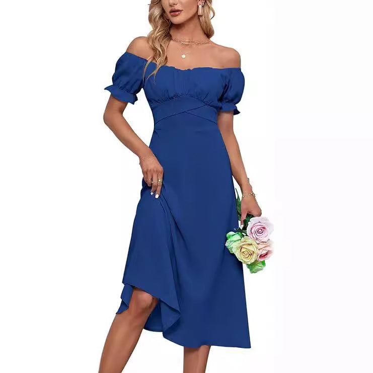 Dame off-shoulder midikjole med puffærmer og asymmetrisk kant Stilla