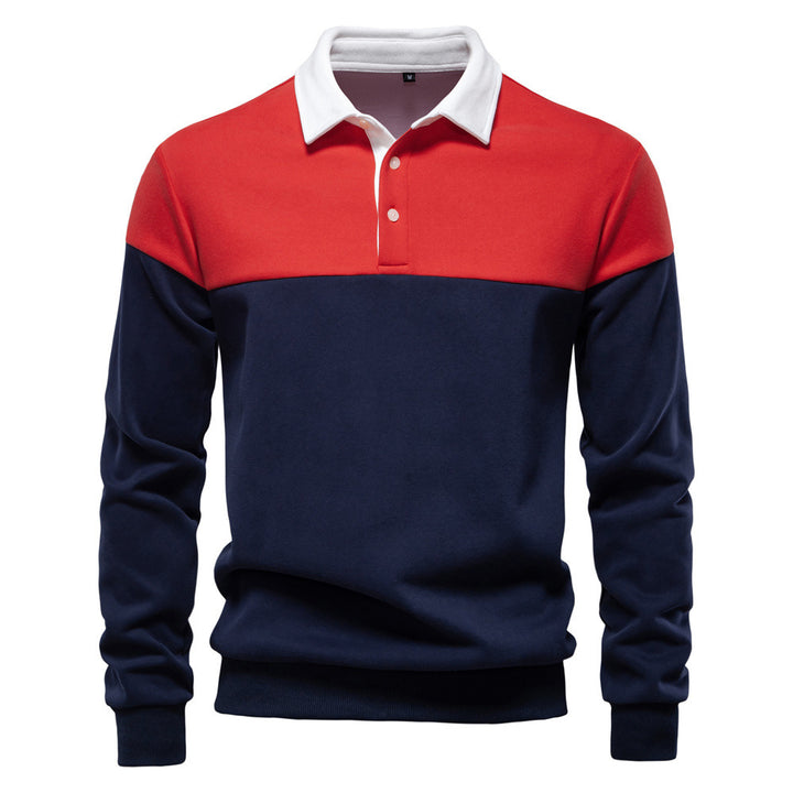 Herren nan sportsligt-elegant langærmet polo i rugby-stil med kontrasterende krave og bredt brystpaneel Skovae