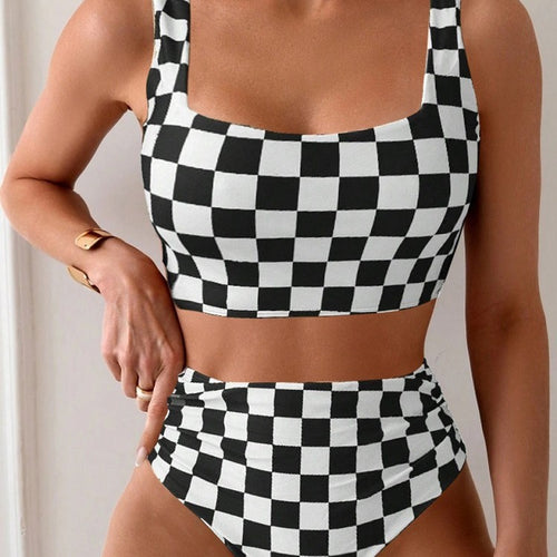 Femme Skakbrætmønster Høj Talje Bikini Sæt Stilla