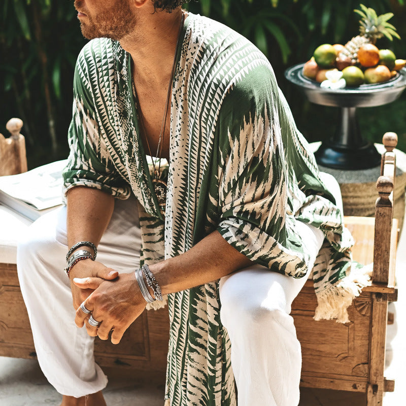 Herren nan let strandeponcho i kimono-stil med frynser Skovae