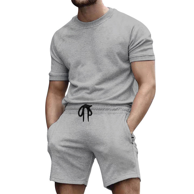Herren nan kortærmet sæt i blødt sweatstof med rundhalset t-shirt og snøre-shorts Skovae