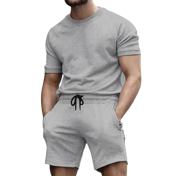 Herren nan kortærmet sæt i blødt sweatstof med rundhalset t-shirt og snøre-shorts Skovae