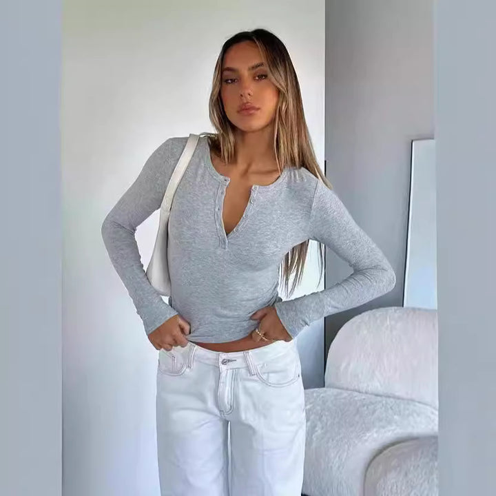 Dame Langærmet Crop-Top med elegant V-udskæring og figursyet snit Skovae