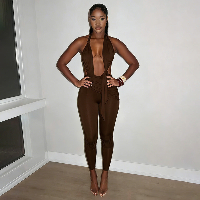 Damer Elegant Jumpsuit med dyb V-halsudskæring og figursyet design Skovae