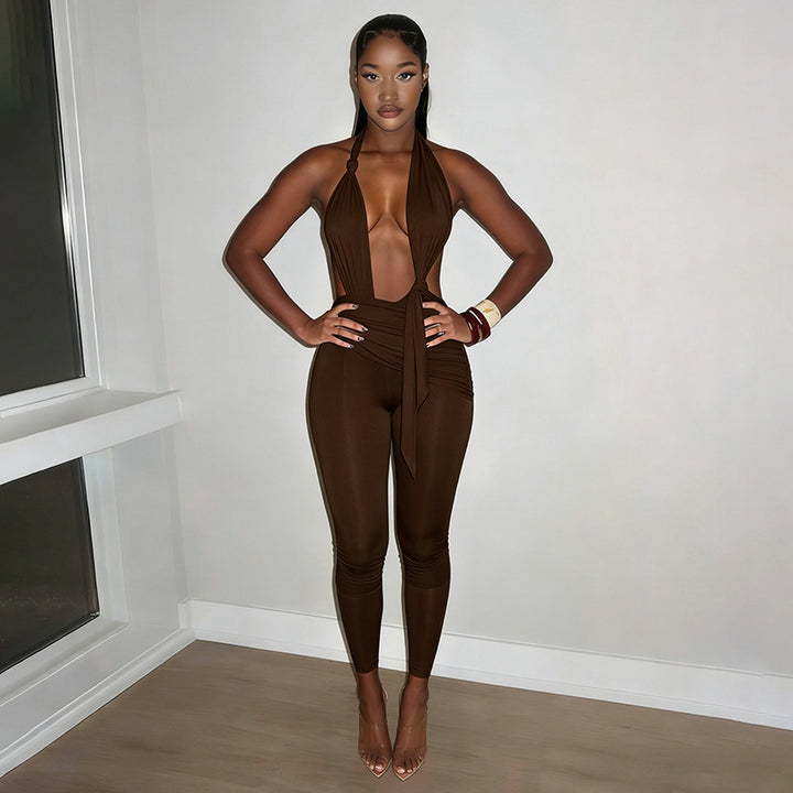 Damer Elegant Jumpsuit med dyb V-halsudskæring og figursyet design Skovae