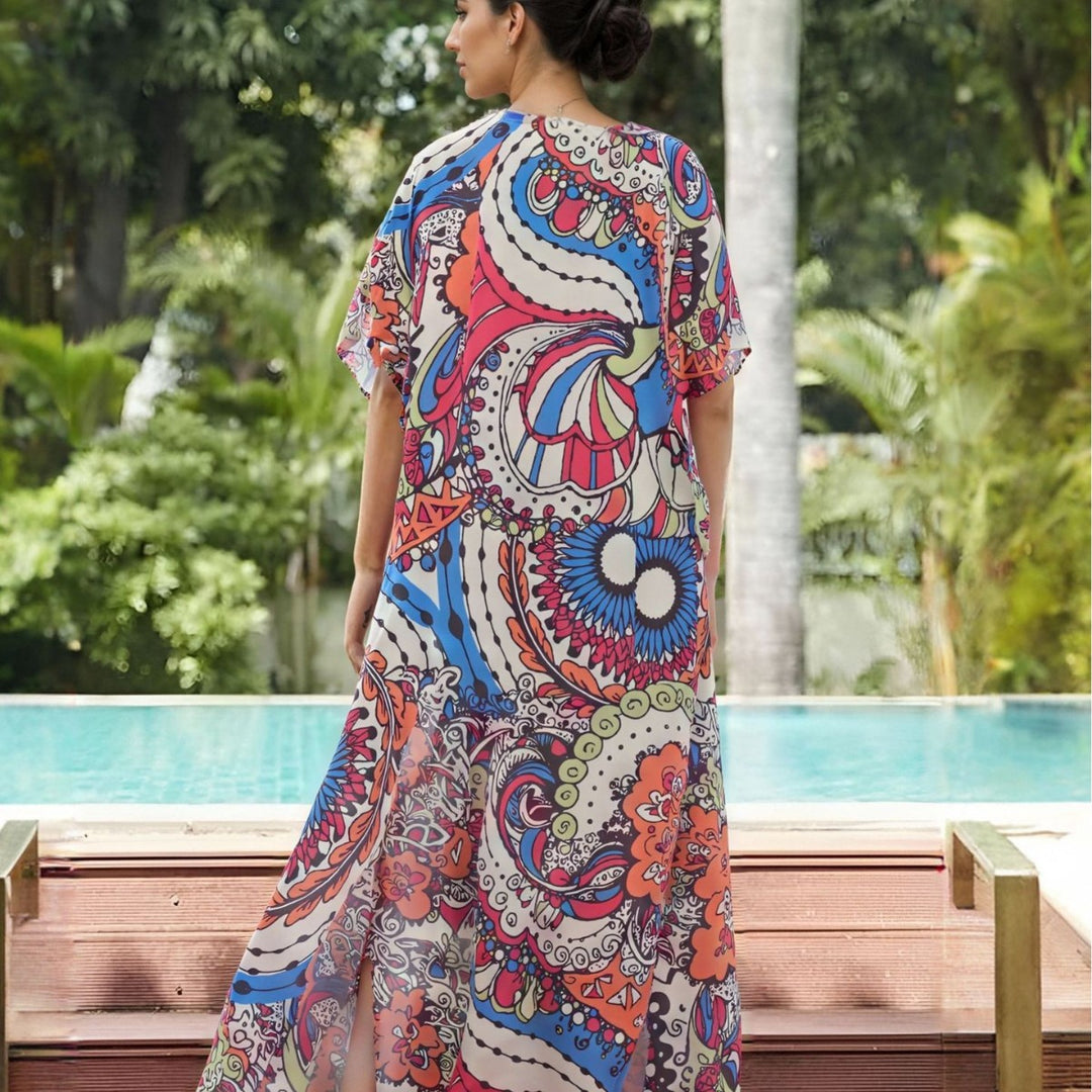 Dame Strandkaftan med livligt print og sidelæg Stilla