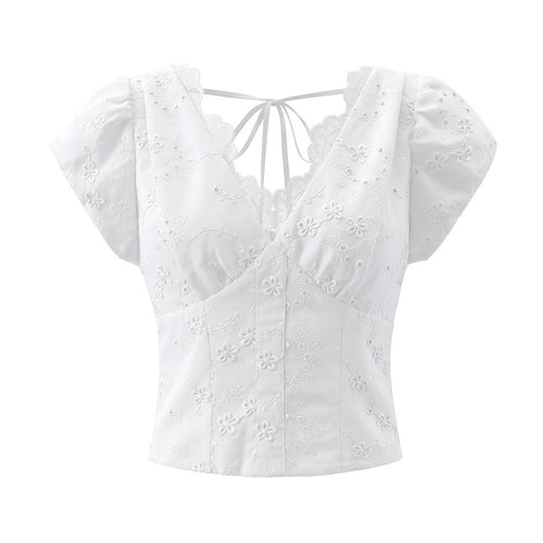 Damebluse med blomsterbroderi og romantisk flæseudskæring Skovae