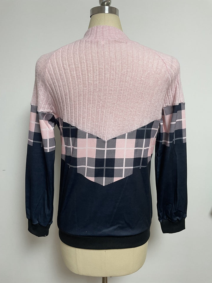 Dame nan blødgribende Sweatpullover med kort lynlås, ståkrave og ternet panel Skovae