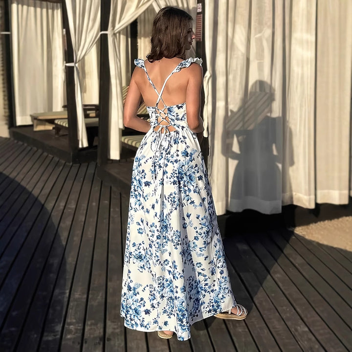 Dame Elegant Maxikjole med blomstermønster og sidelæg Stilla