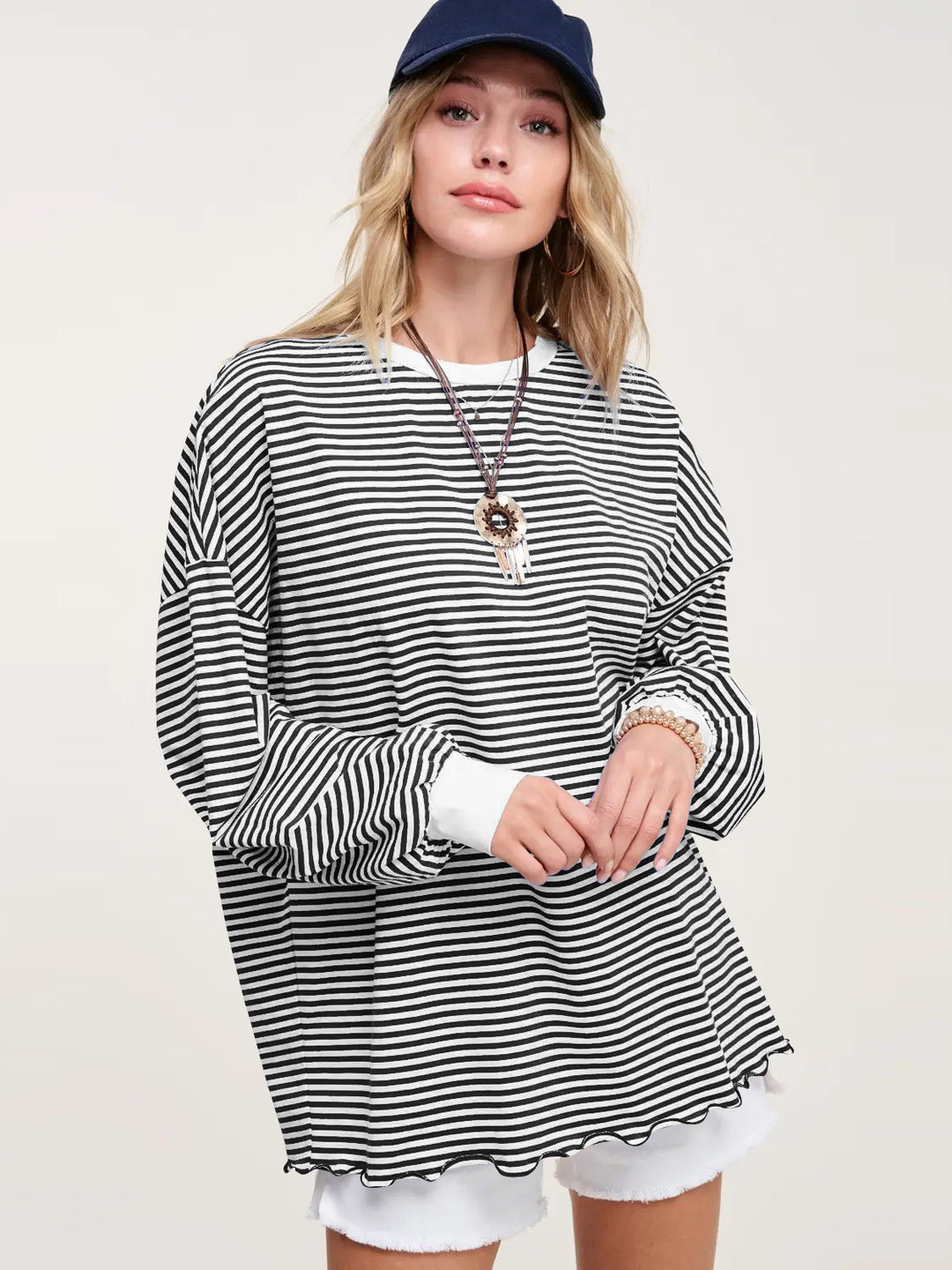 Dame Casual stribet oversized sweatshirt med svingende kant og stribede ærmer Stilla