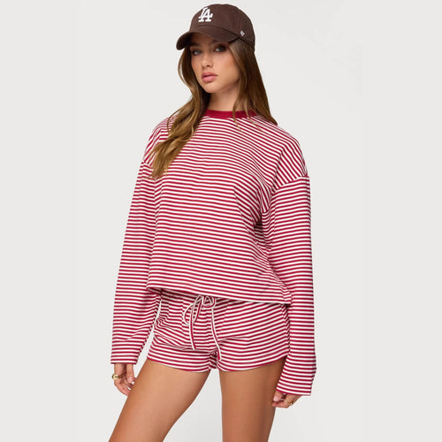 Dame Casual Stripe Loungewear Sæt med langærmet top og kort bukser Skovae