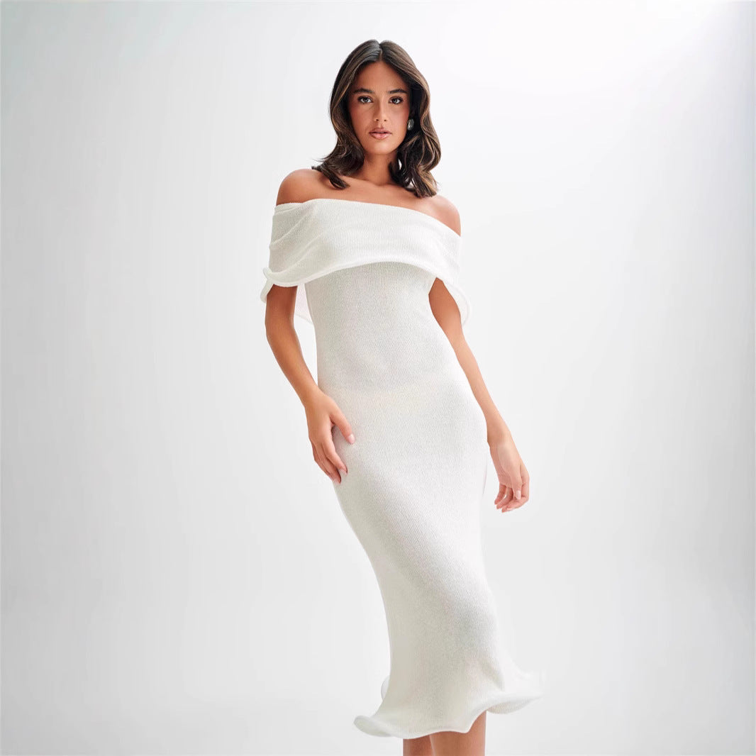 Dame Off-Shoulder Maxikjole med bølgekant og tætsiddende snit Stilla