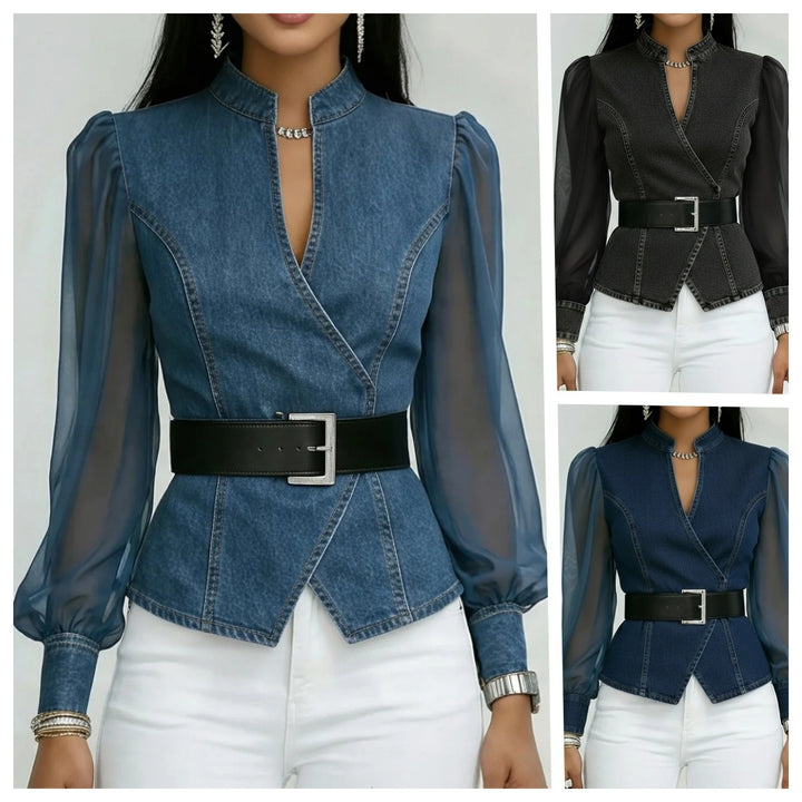 Kvindernes jeans bluse med gennemsigtige ærmer og skræddersyet design Skovae