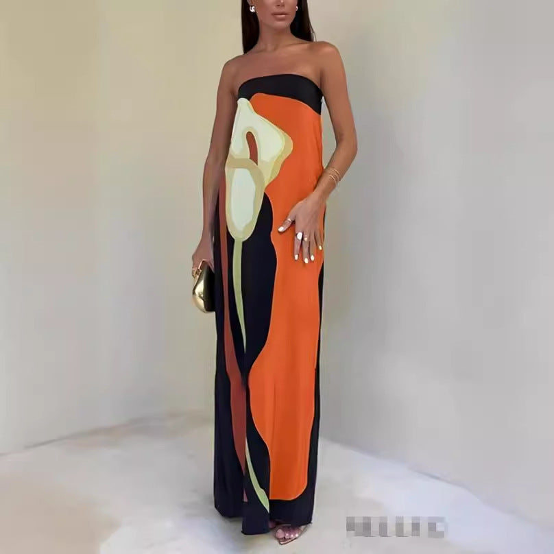Dame Strapless Maxikjole med kunstnerisk mønster Stilla