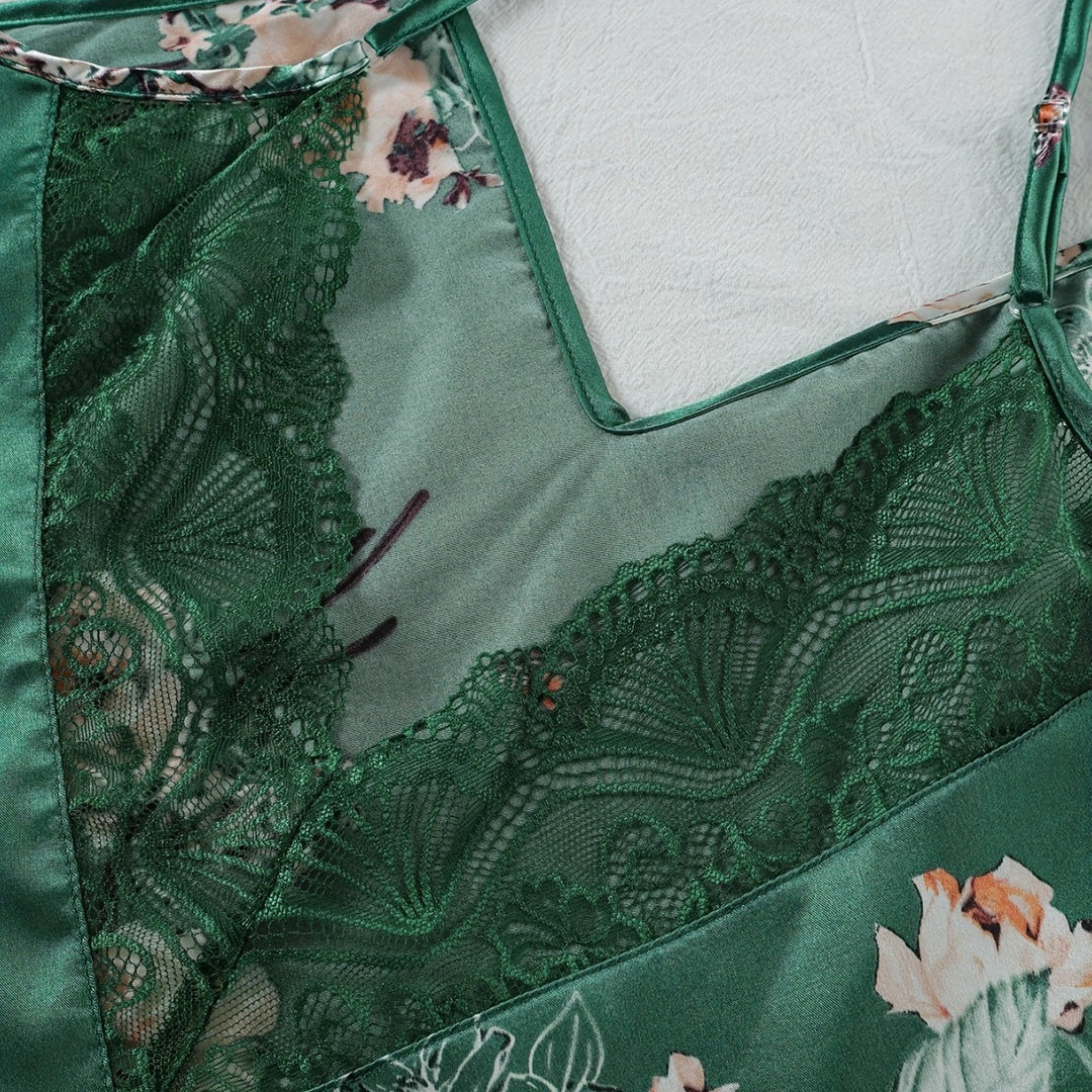 Dame Floral Satin Nattøj Sæt med Robe Stilla