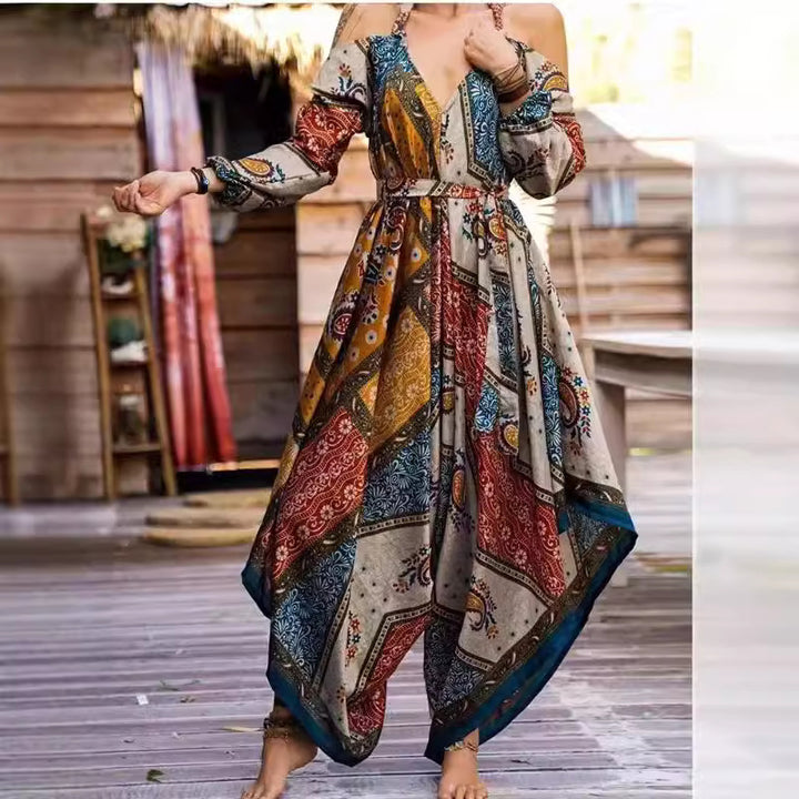 Dame Langt Vavede Kjole med Legende Mønster og Off-Shoulder Design Skovae