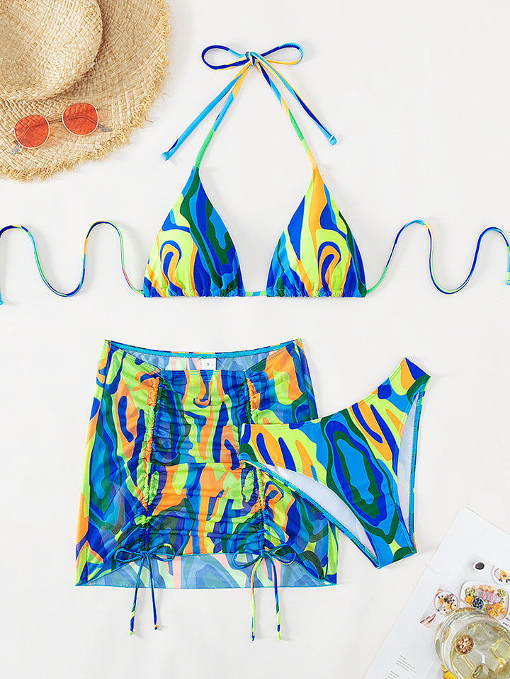Dame Farverig Triangel-Bikini-Sæt med gennemsigtig Nederdel Skovae