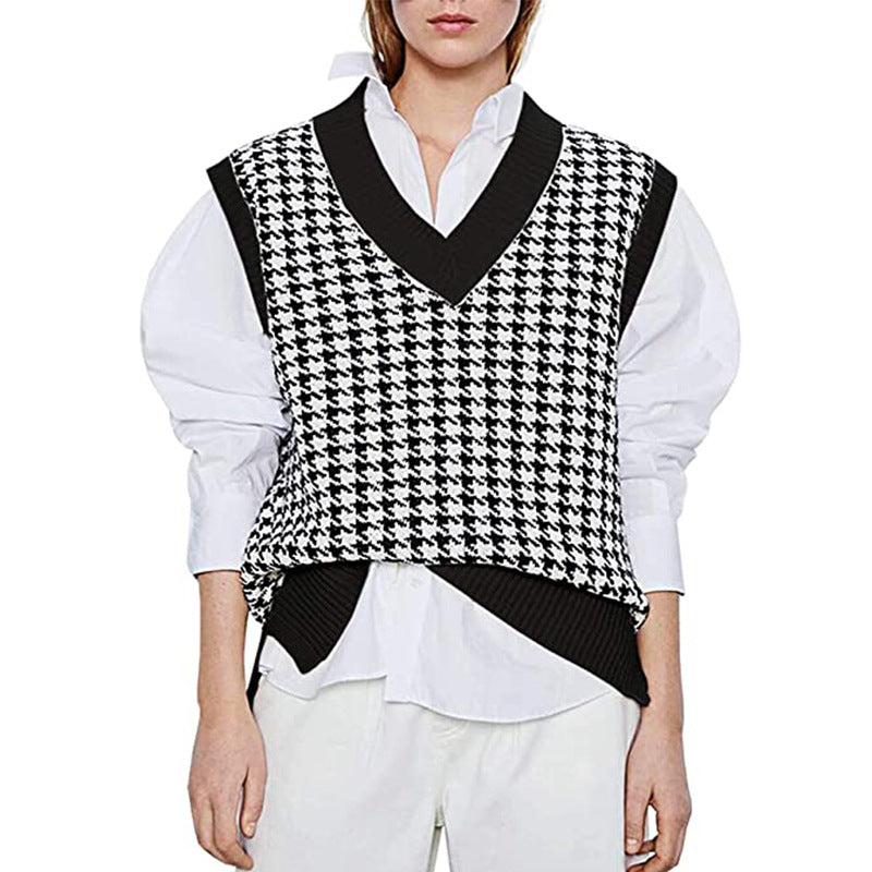 Damer elegant strikvest i moderne houndstooth-mønster Stilla
