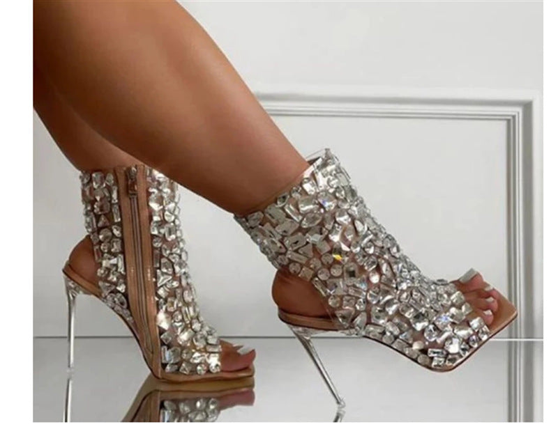 Femme Open-Toe Krystal-dekorerede Ank støvler Stilla