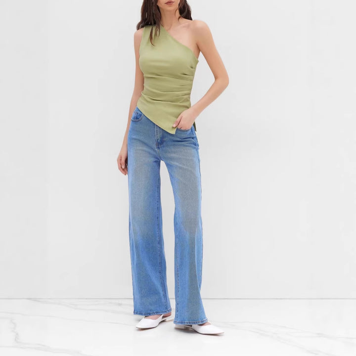 Dame asymmetrisk top med raffineret draperingsdesign Skovae