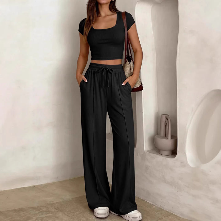 Dame afslappet cropped top og bredt bukse sæt Skovae