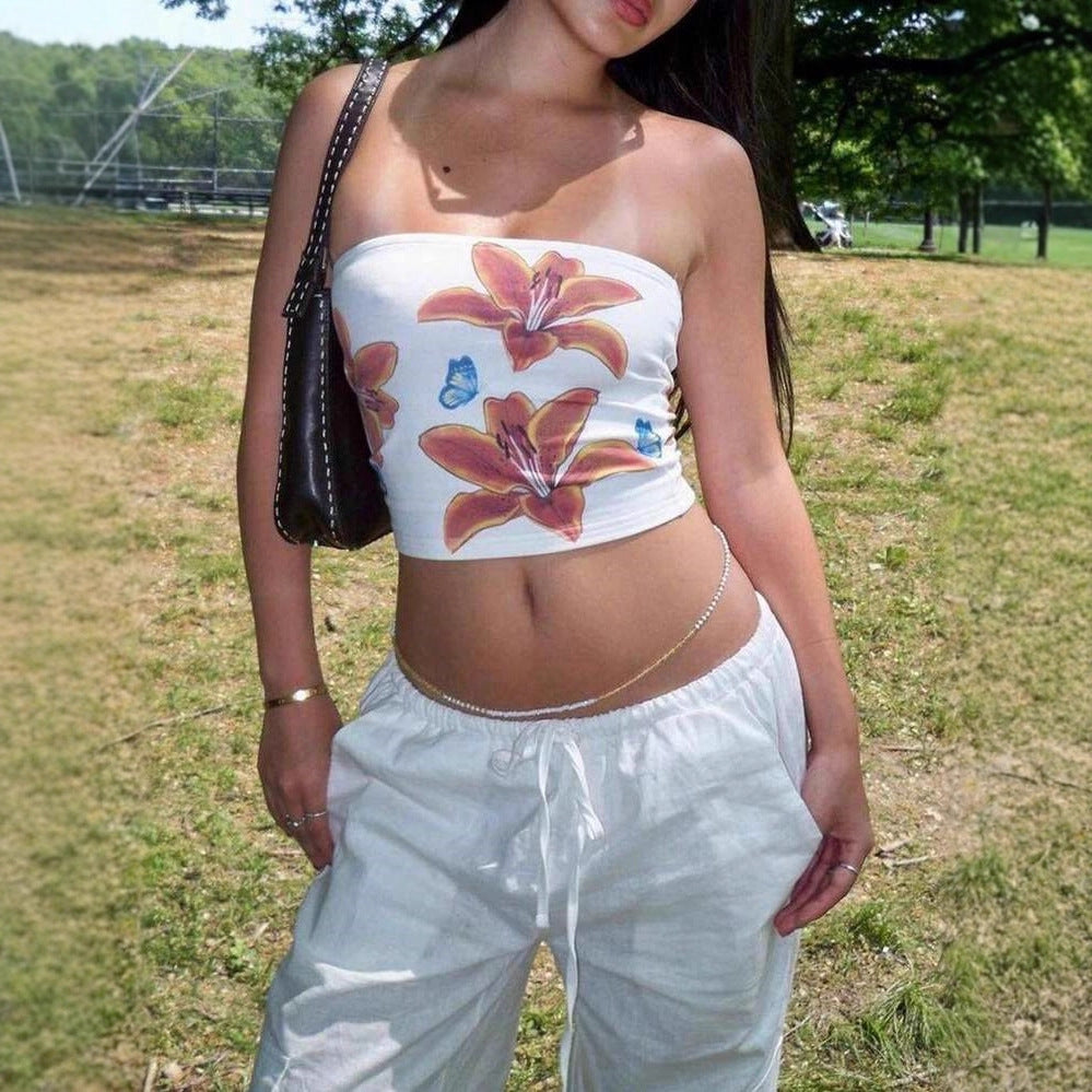 Dame strapless crop-top med farverigt blomsterdesign Skovae