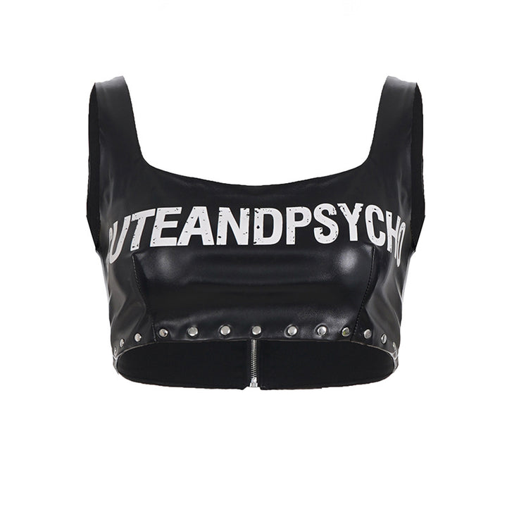 Dame læder-crop-top med iøjnefaldende skrift og nitteudsmykning Skovae