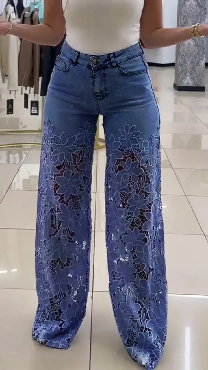 Dame jeans med florale spidsapplikationer Stilla