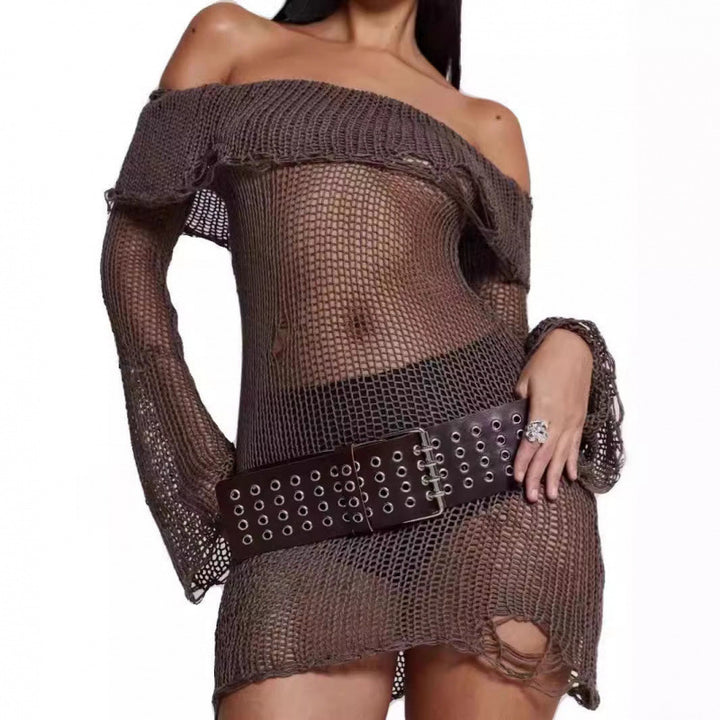 Dame Off-Shoulder Gennemsigtig Strik Mini Kjole Stilla