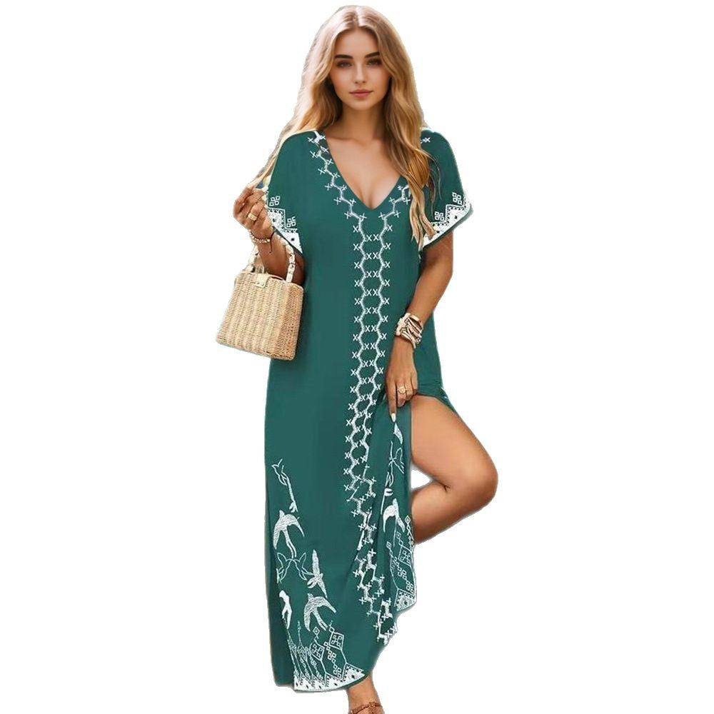 Dame Maxi-Kaftan med kunstnerisk broderimønster og sidelæg Stilla